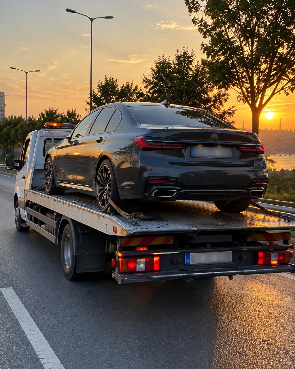 Gün batımında çekici kasasında taşınan koyu renk sedan