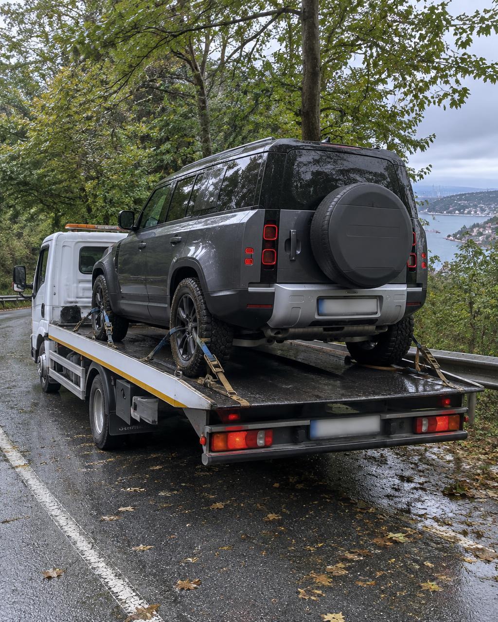 Orman yolunda çekici kasasına yüklenmiş gri 4x4