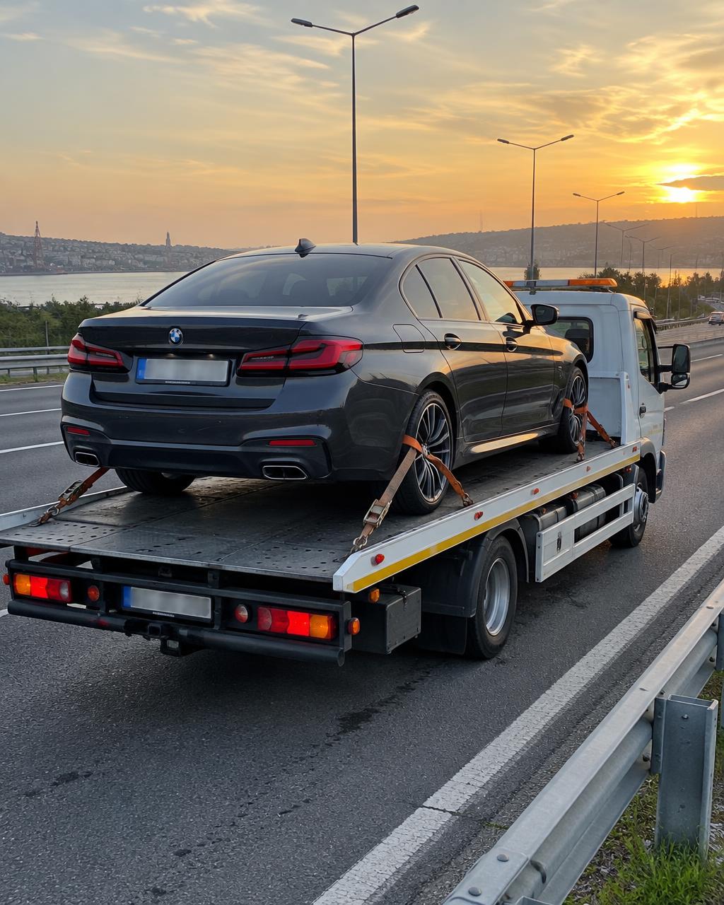 Gün batımında otoyolda çekici üzerinde koyu sedan